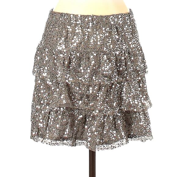 Express Mini Skirt Silver Sequin Tiered Ruffle Pull On Women's Small Party‎ - Picture 1 of 10